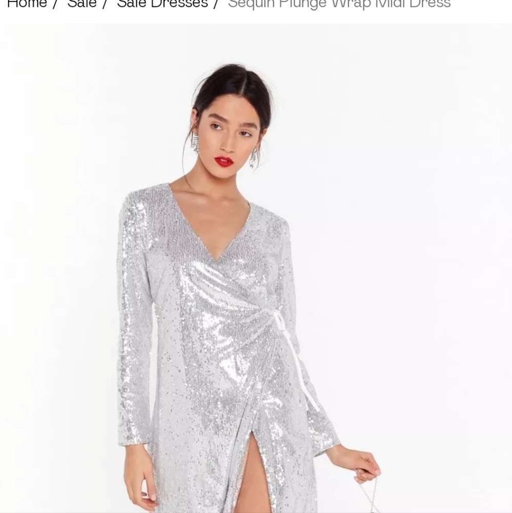 Nasty girl Sequi. Wrap midi dress Silver size 10